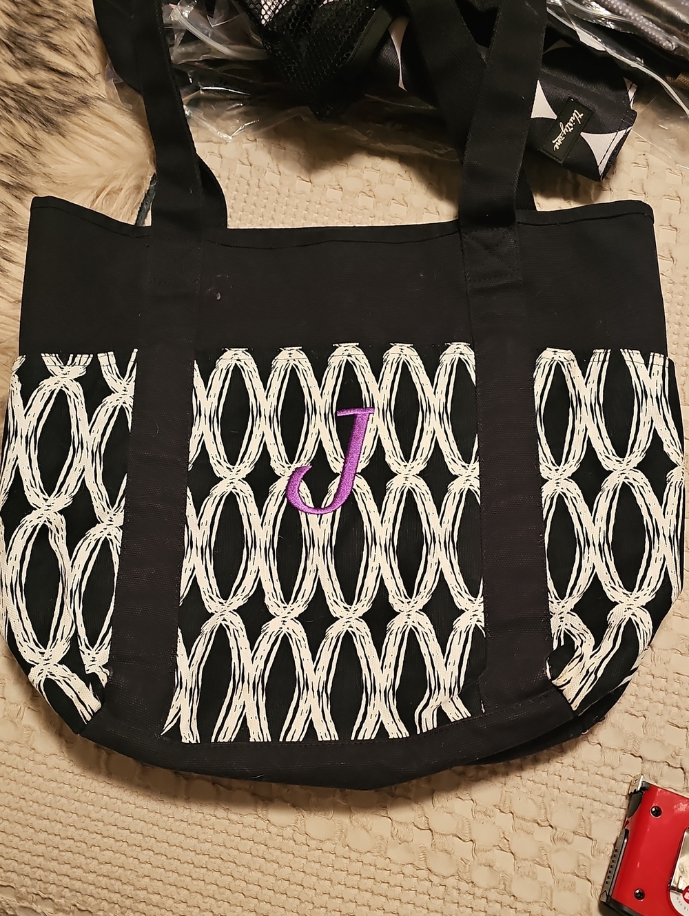 thirty-one Black Tote with White Pattern and Purple Monogram